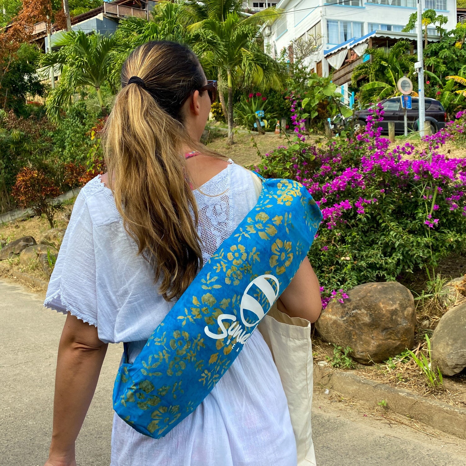 Hand dyed batik sling bag in blue with flowers_printNirvana