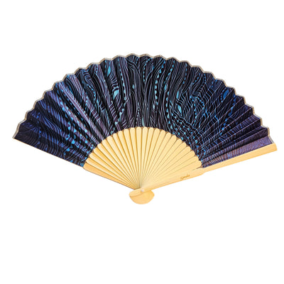 Compact folding satin hand fan with blue pattern and bamboo frame