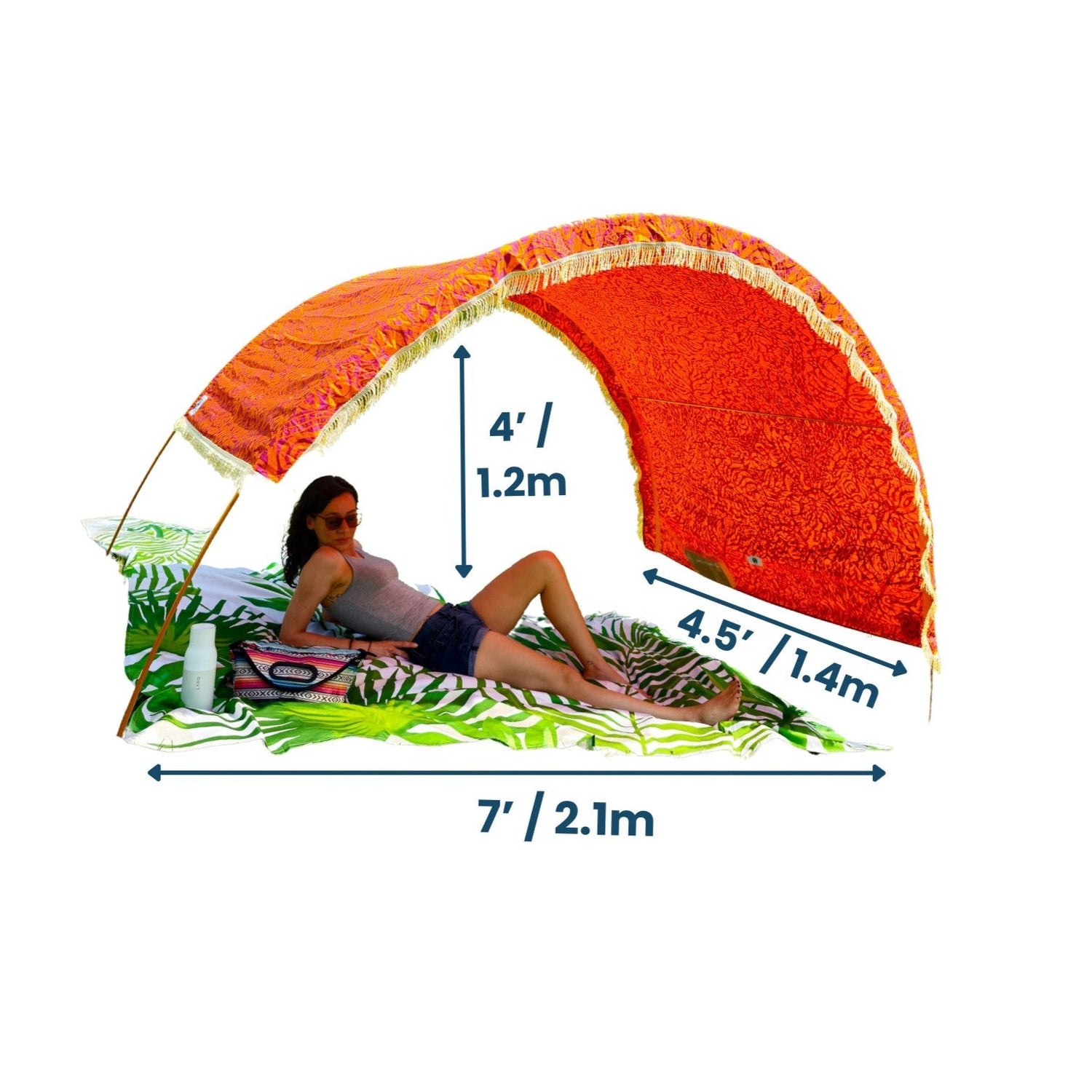 Dimensions of shaded space beneath a Suniela portable beach cabana_printTribalJungle