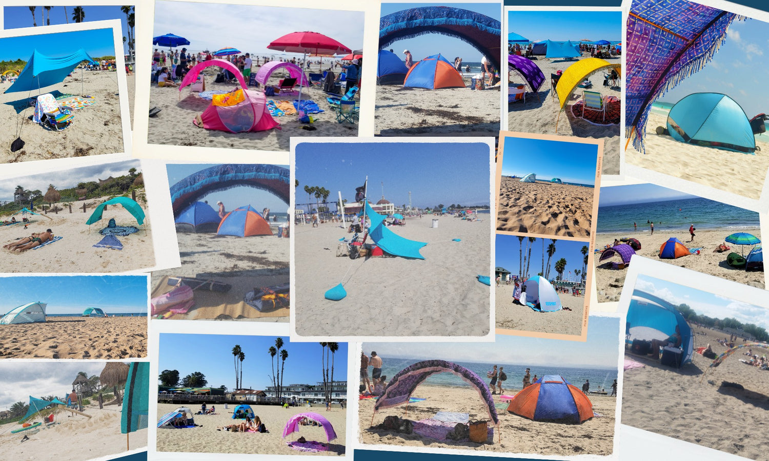 variety of photos of Suniela shade cabanas compared with Neso shade and other beach tents