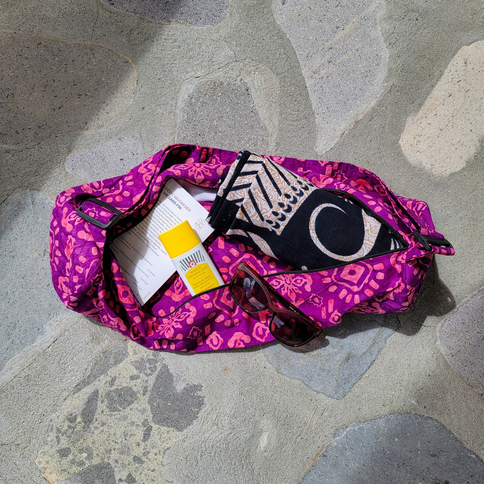 Vibrant purple cotton sling bag with beach accessories_printTribalEggplant